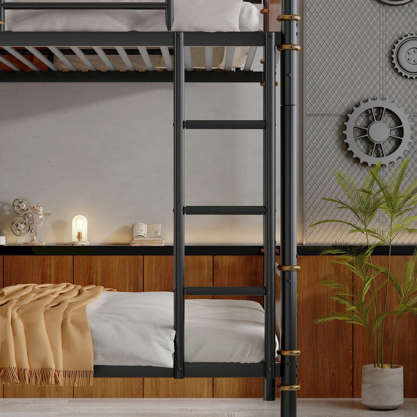 IronLoft™ – Twin XL Over Twin XL Metal Bunk Bed with Rustic Wood